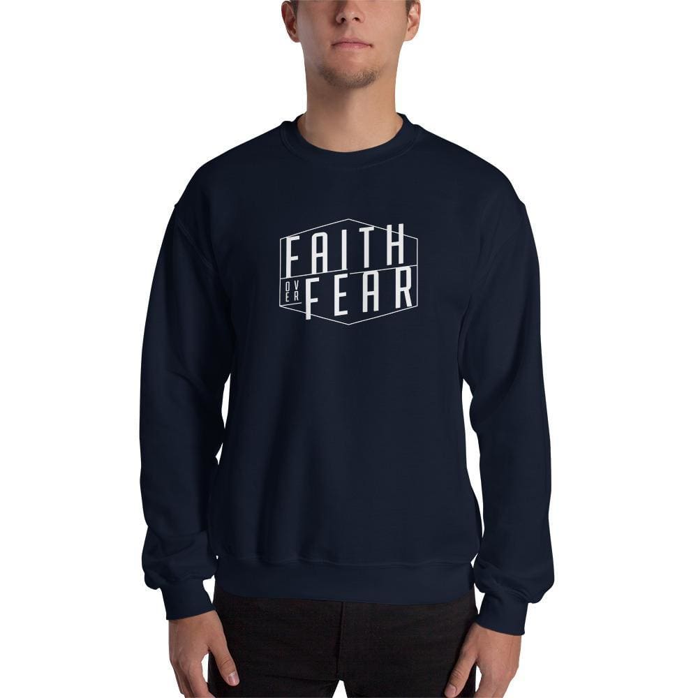Navy Christian sweatshirt with 'FAITH OVER FEAR' front graphic