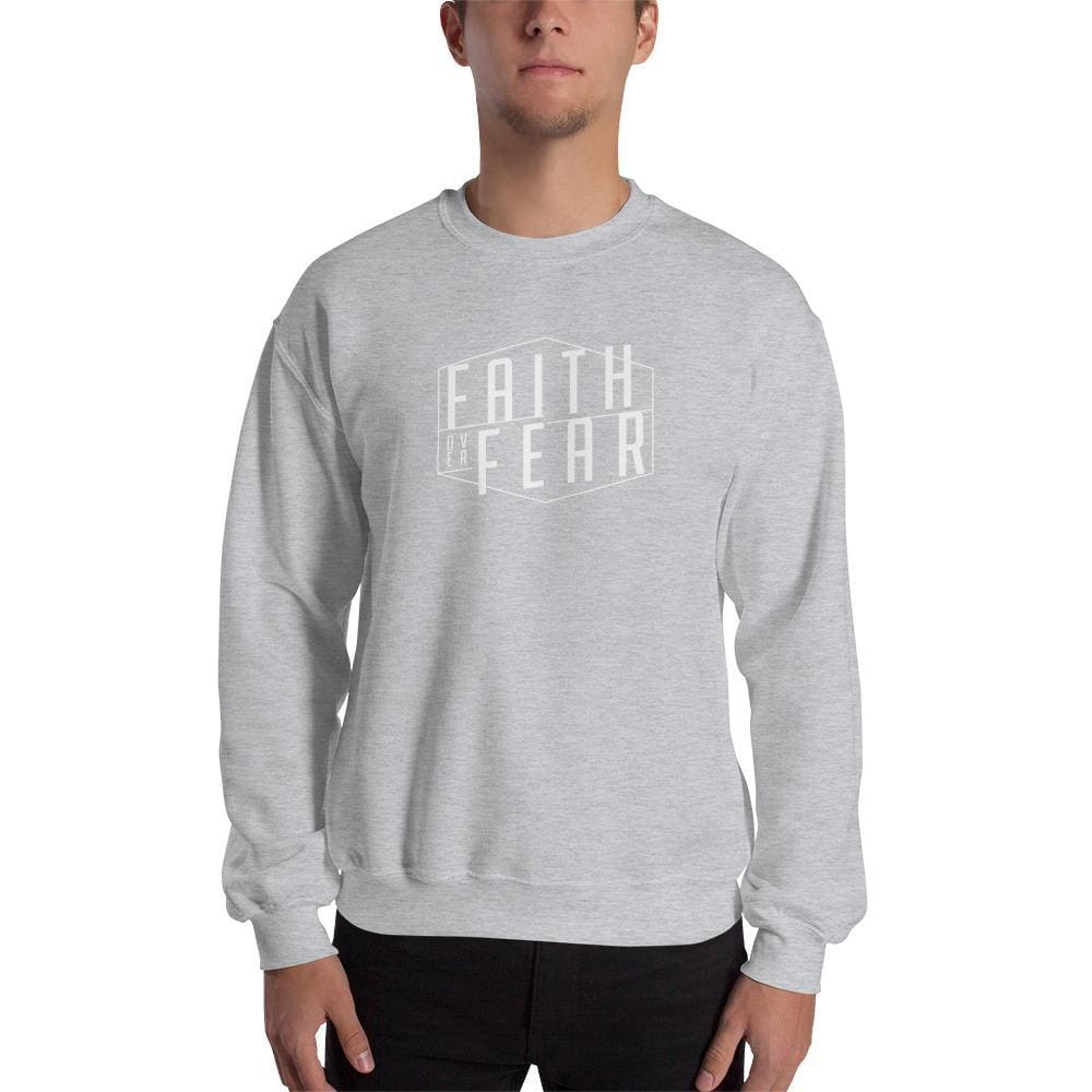 Light gray Christian sweatshirt with 'FAITH OVER FEAR' front graphic