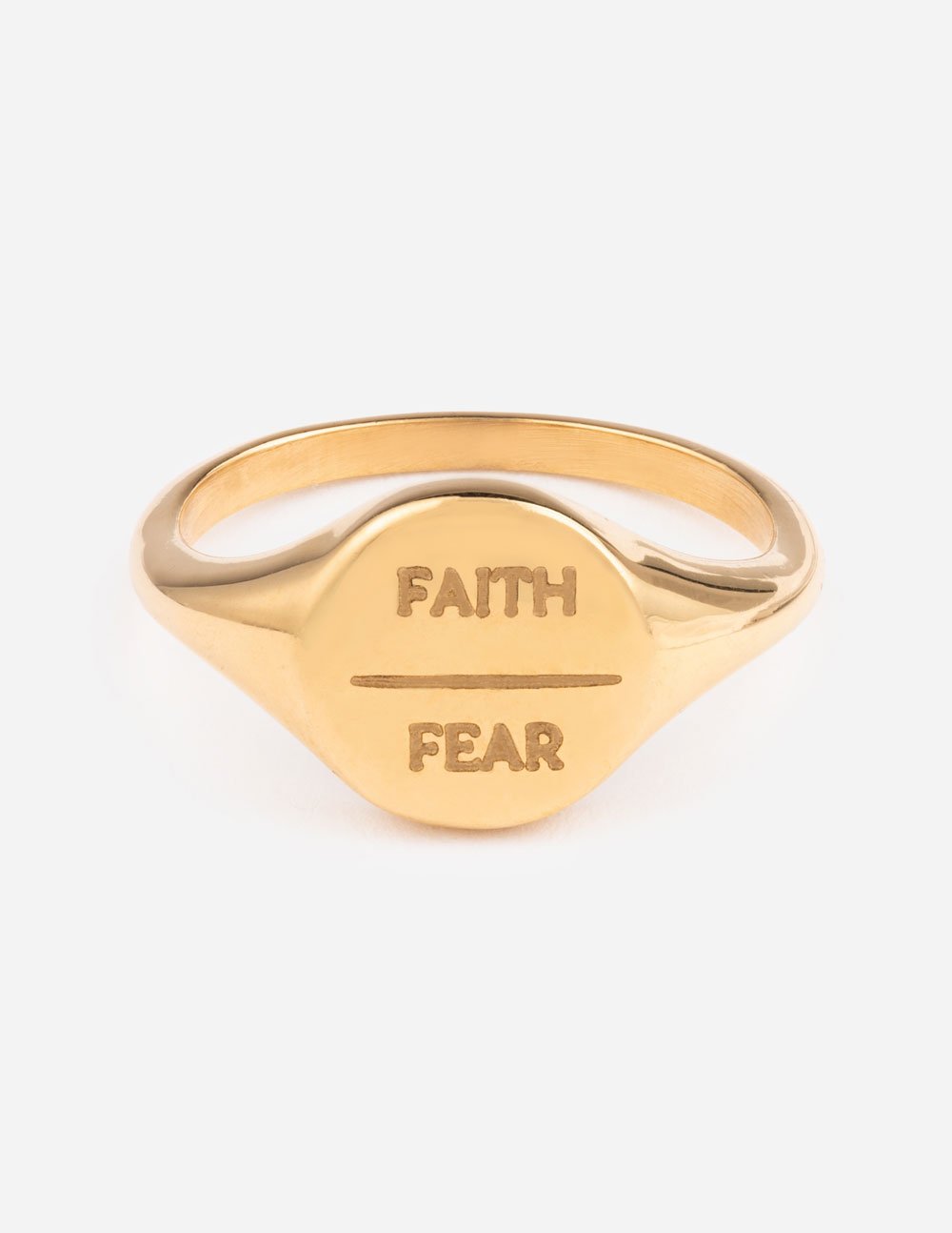 Gold-tone Faith and Fear signet ring with open band and engraved words on top