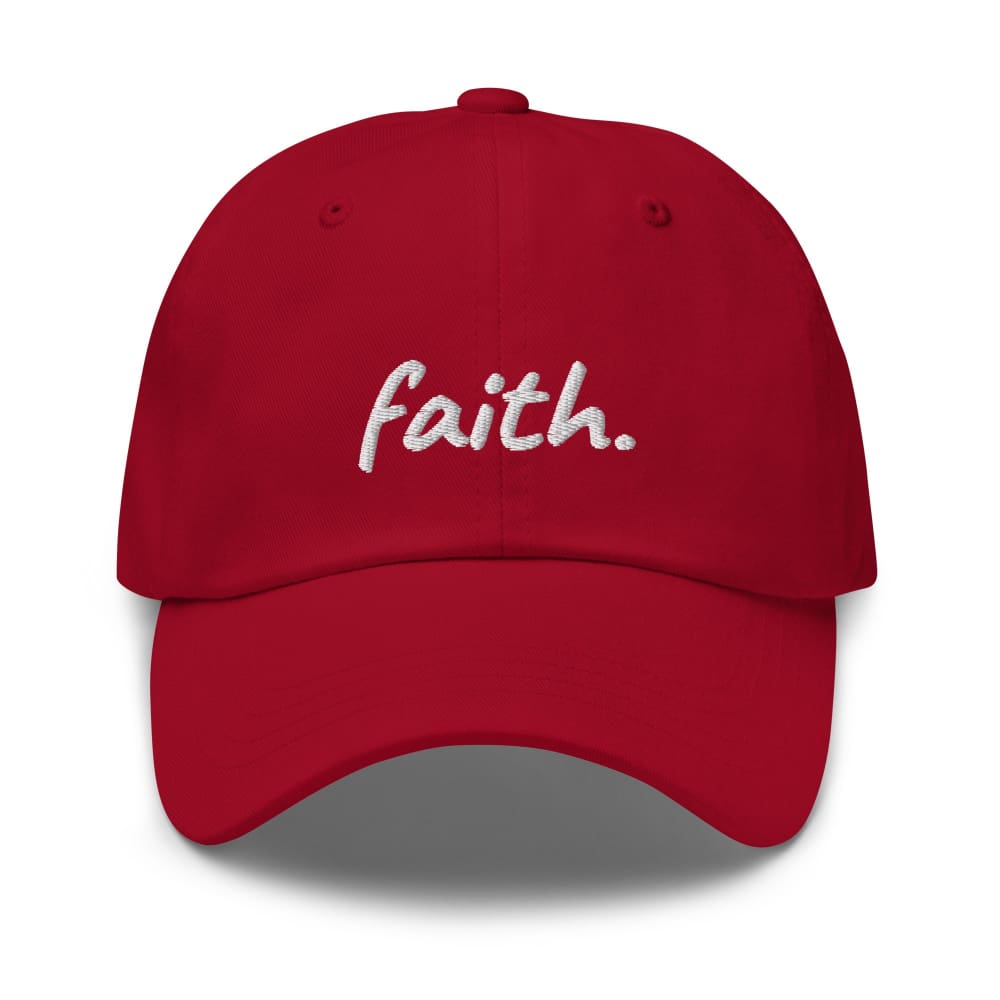 Cranberry red cotton baseball cap with embroidered 'faith' on front.