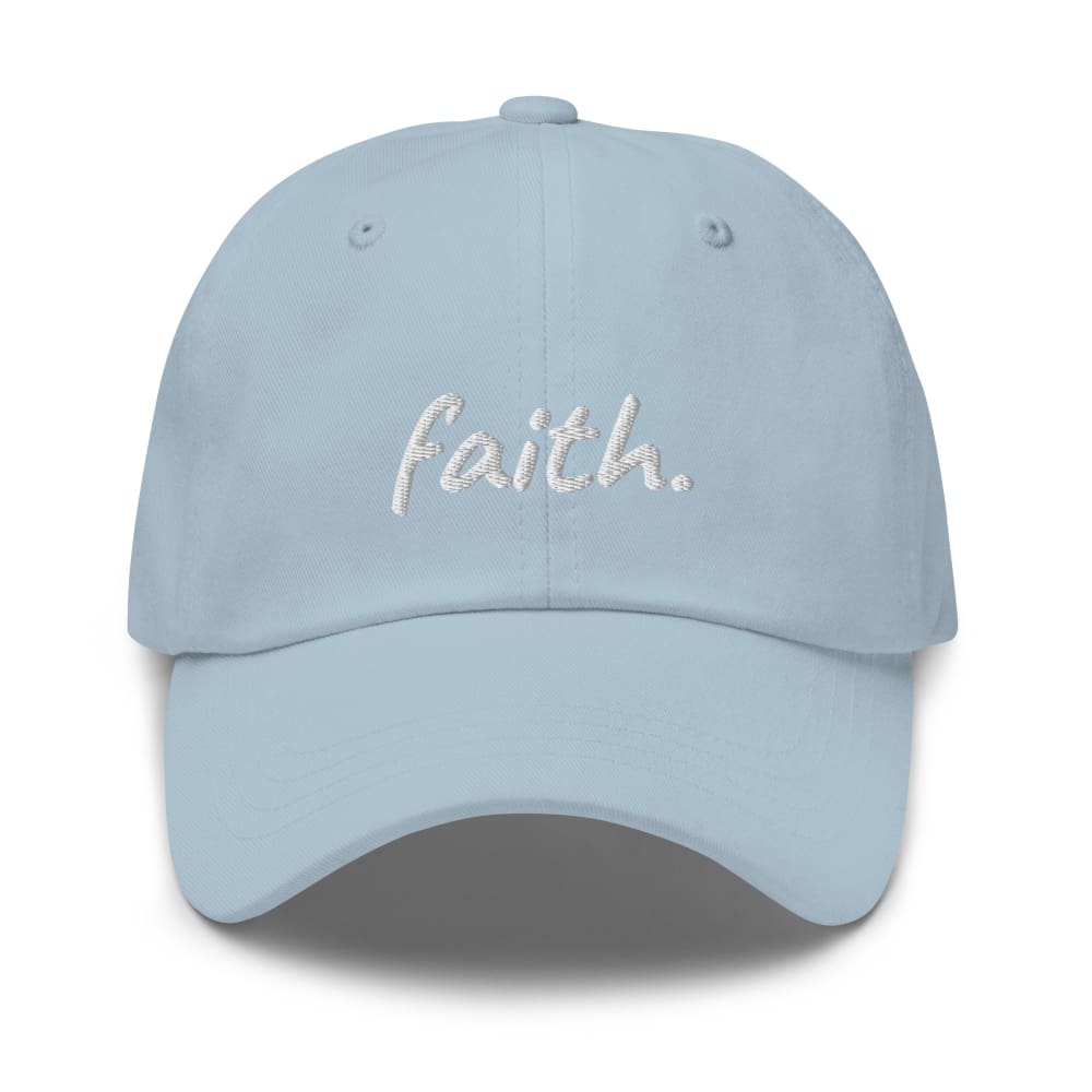 Light blue cotton baseball cap with embroidered 'faith' on front.