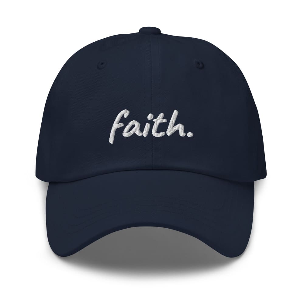 Navy cotton baseball cap with embroidered 'faith' on front.