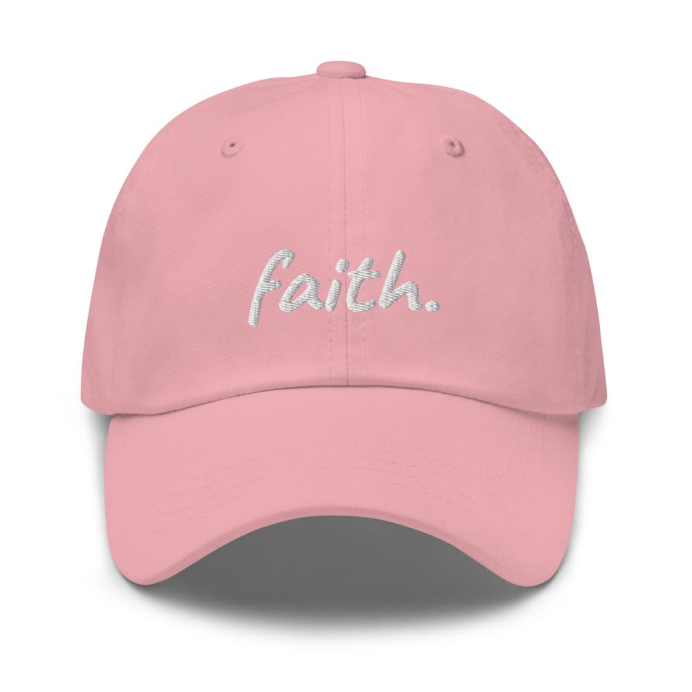 Pink cotton baseball cap with embroidered 'faith' on front.