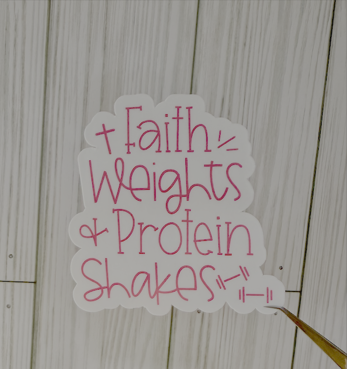 Faith Weights Shakes sticker with red cursive text: Faith / Weights & Protein Shakes