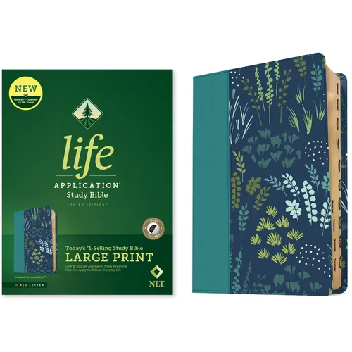 Large print study Bible with meadow teal patterned cover and indexed tabs