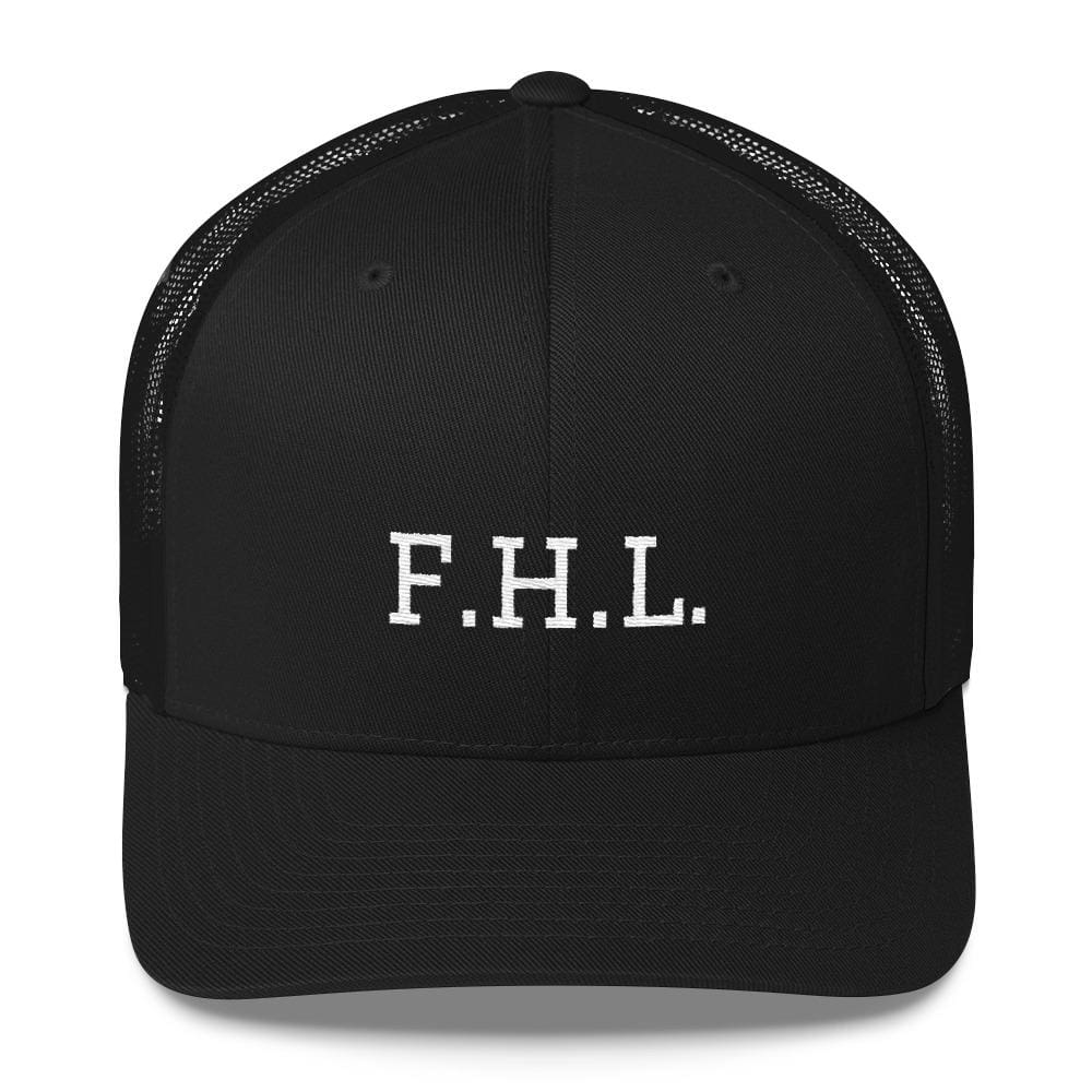 Black snapback trucker cap with black mesh back and F.H.L. logo