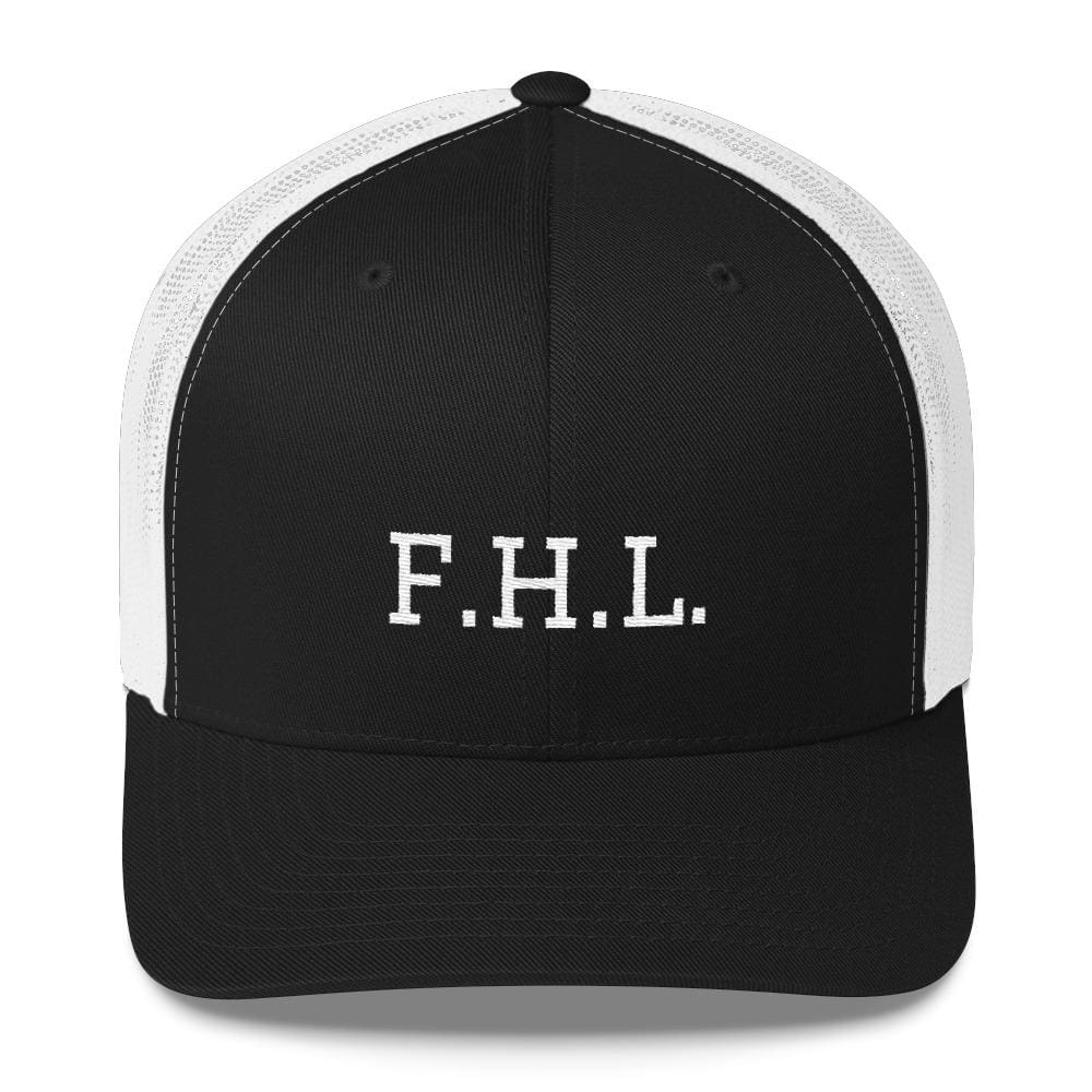 Navy snapback trucker cap with white mesh backing panels and F.H.L. logo
