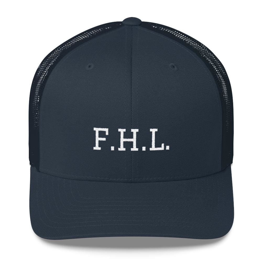 Navy snapback trucker cap with dark mesh back and F.H.L. logo