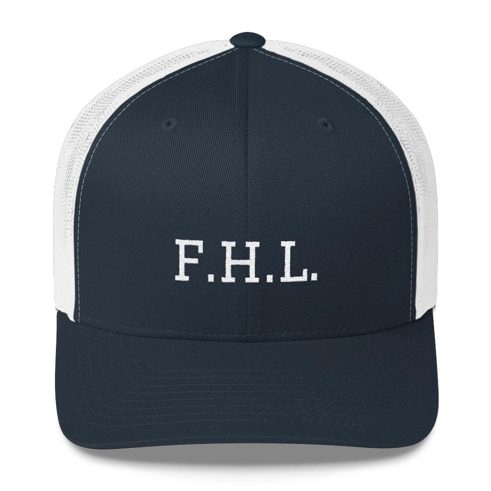 Navy snapback trucker cap with white mesh side panels and F.H.L. logo