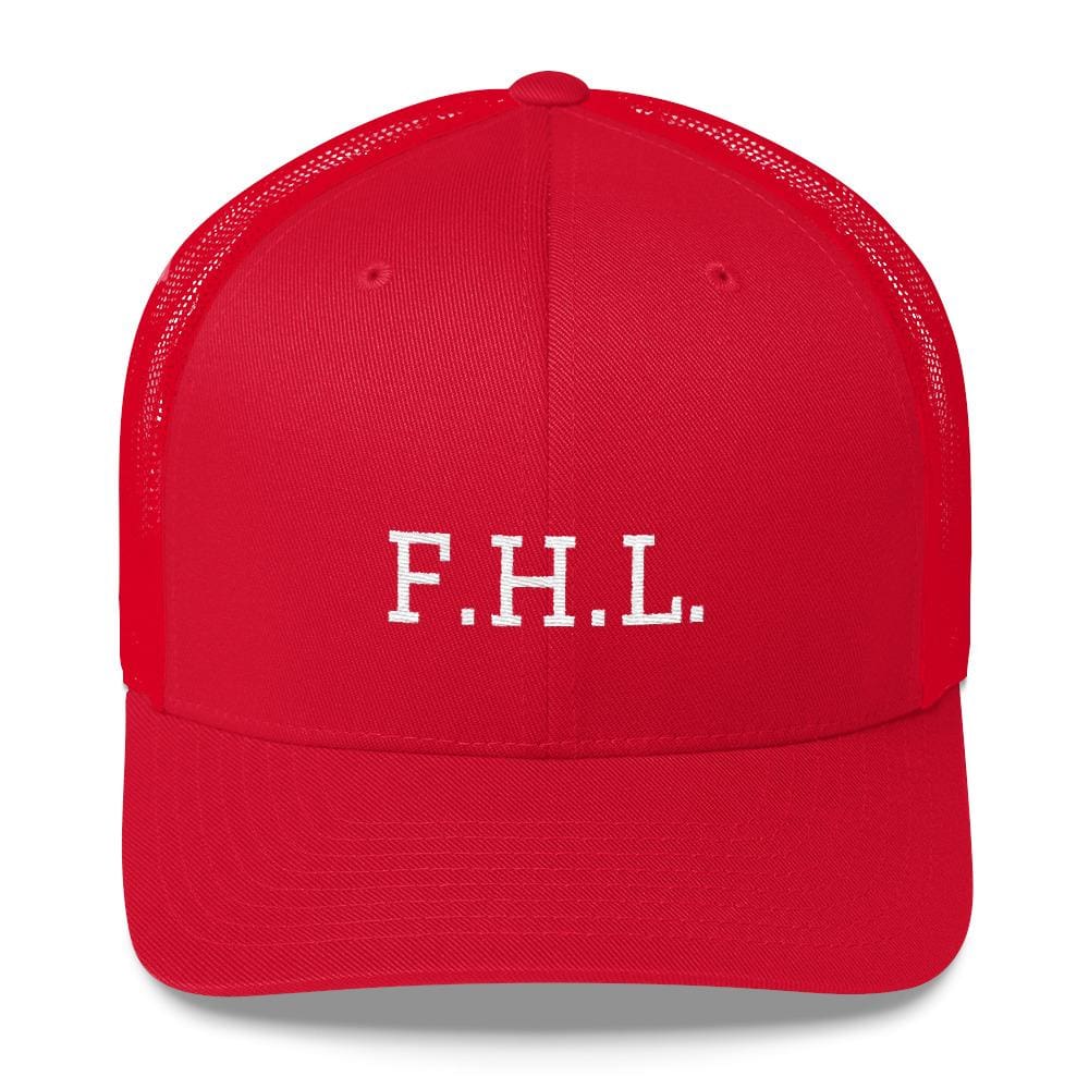 Red snapback trucker cap with red mesh back and F.H.L. logo