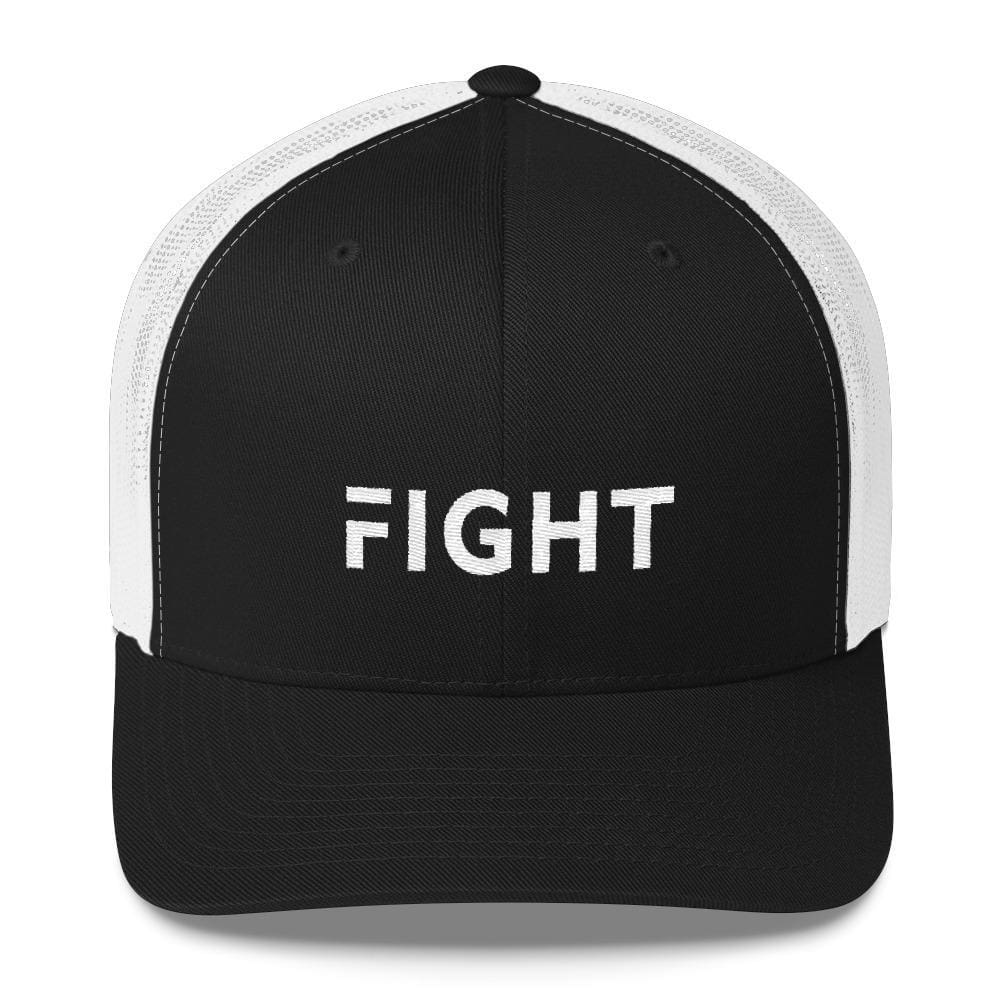 Black snapback trucker hat with white mesh sides and white embroidered "FIGHT"