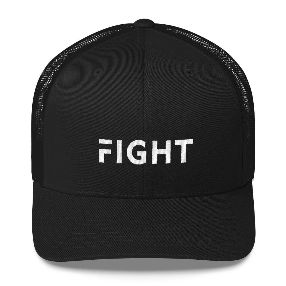 Black snapback trucker hat with white embroidered "FIGHT" on front