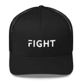 Black snapback trucker hat with white embroidered "FIGHT" on front