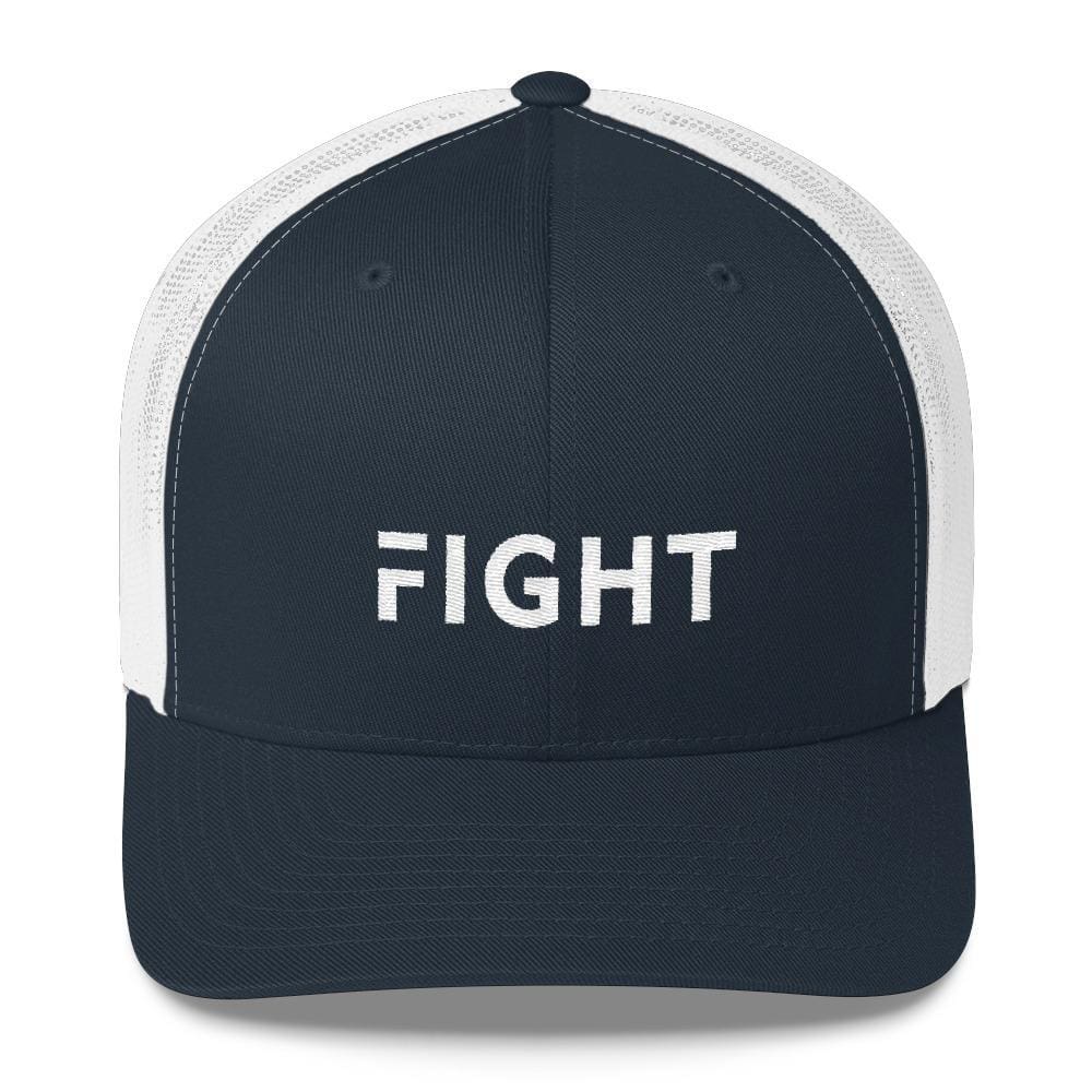 Navy snapback trucker hat with white mesh sides and white embroidered "FIGHT"