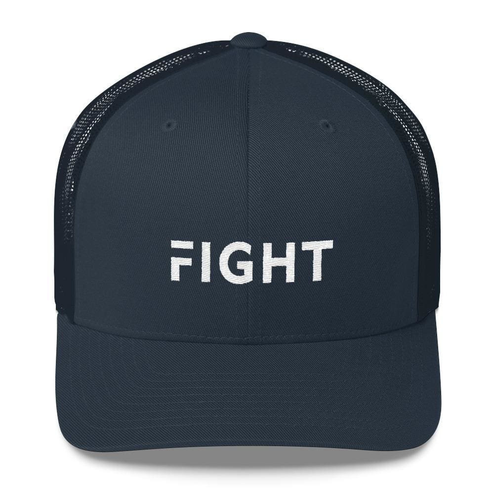 Navy snapback trucker hat with white embroidered "FIGHT" on front