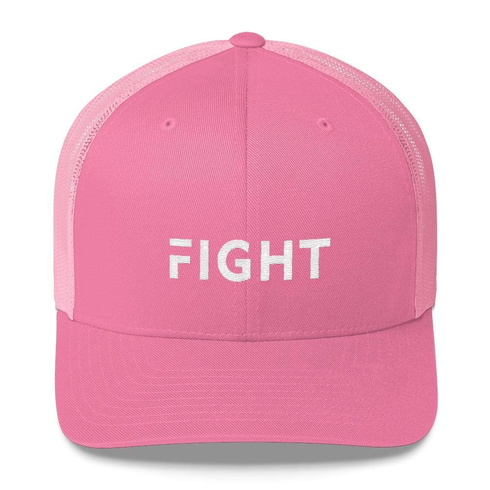 Pink snapback trucker hat with white embroidered "FIGHT" on front