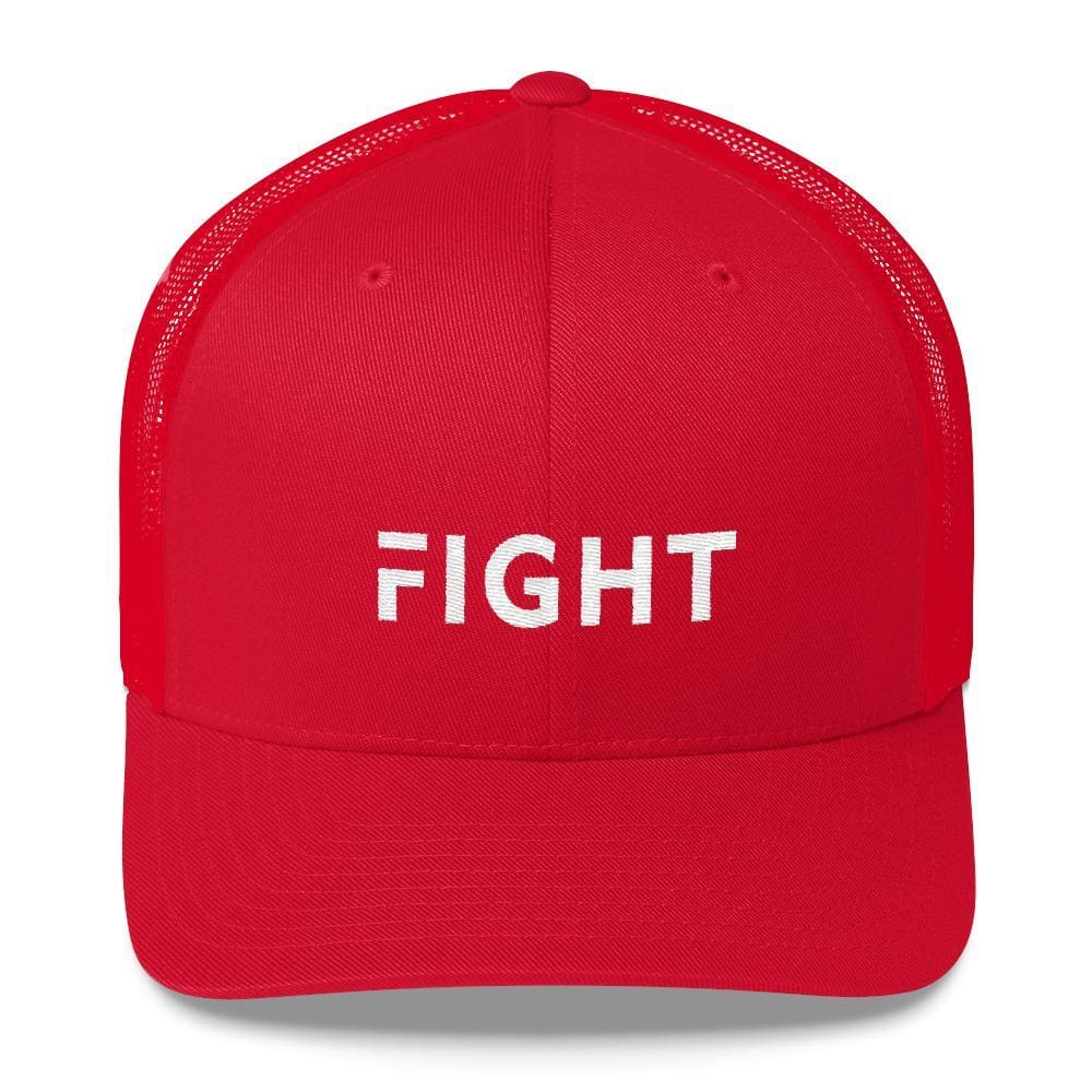Red snapback trucker hat with white embroidered "FIGHT" on front