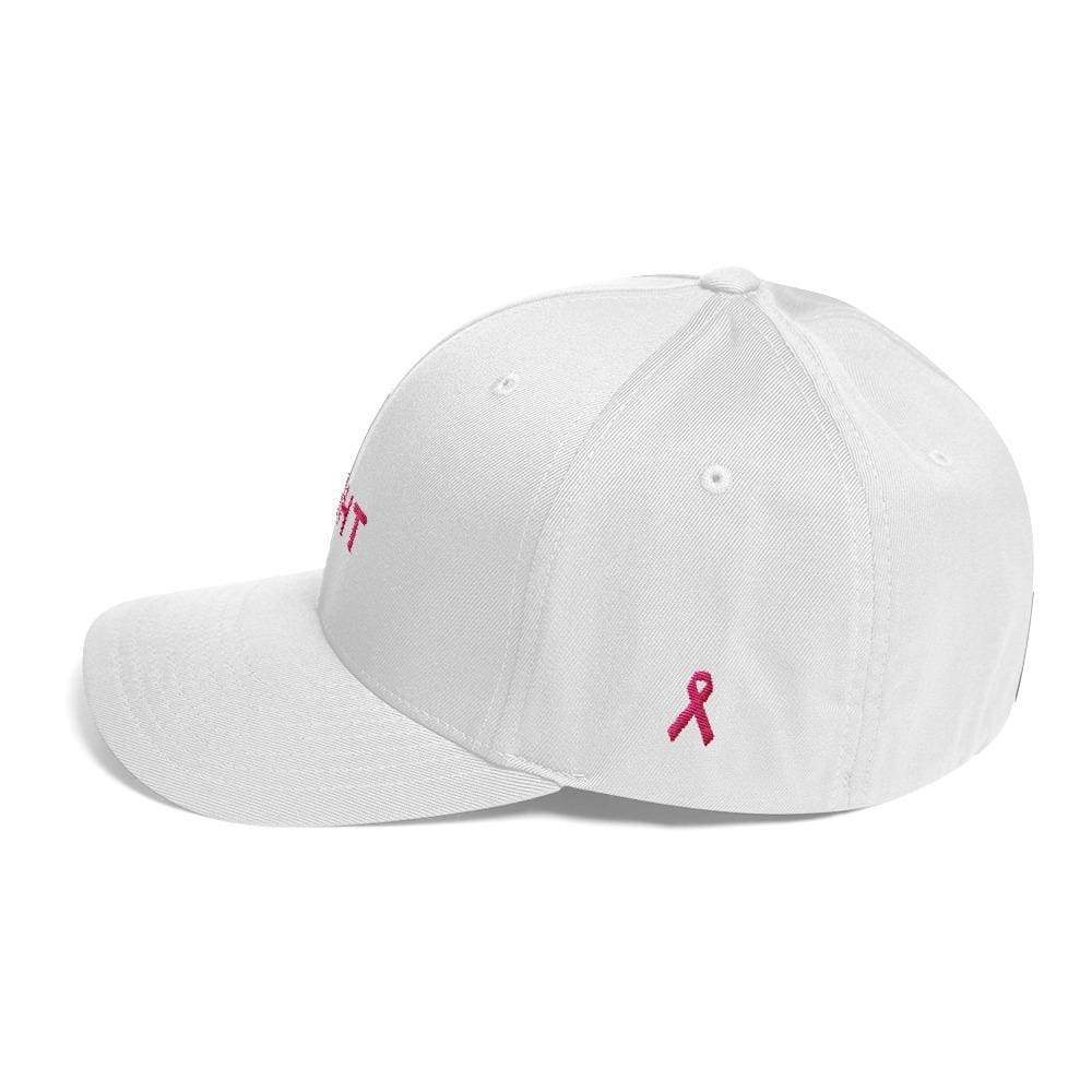 Fitted breast cancer awareness hat in white with pink ribbon emblem