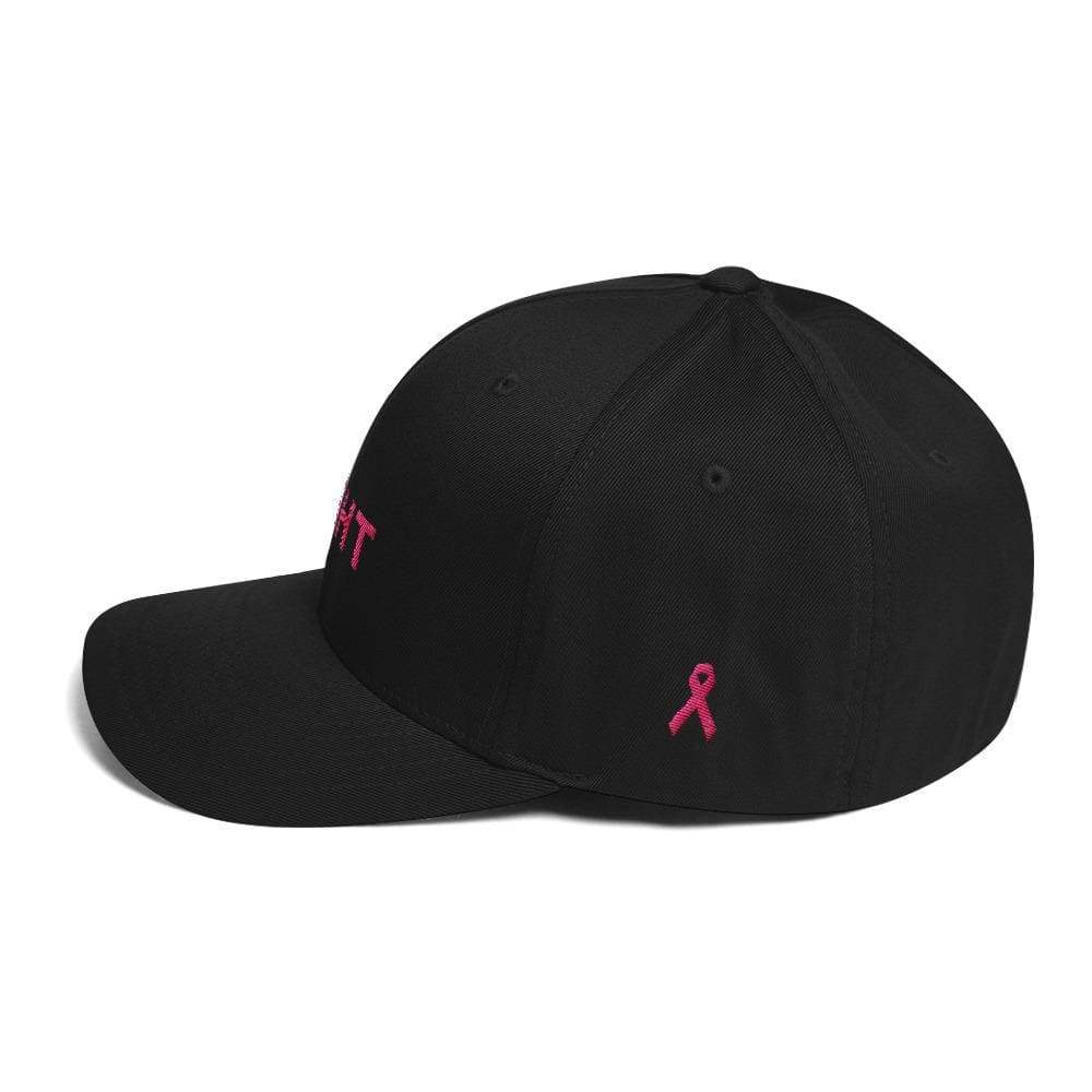 Fitted awareness hat in black with small pink ribbon emblem on the side