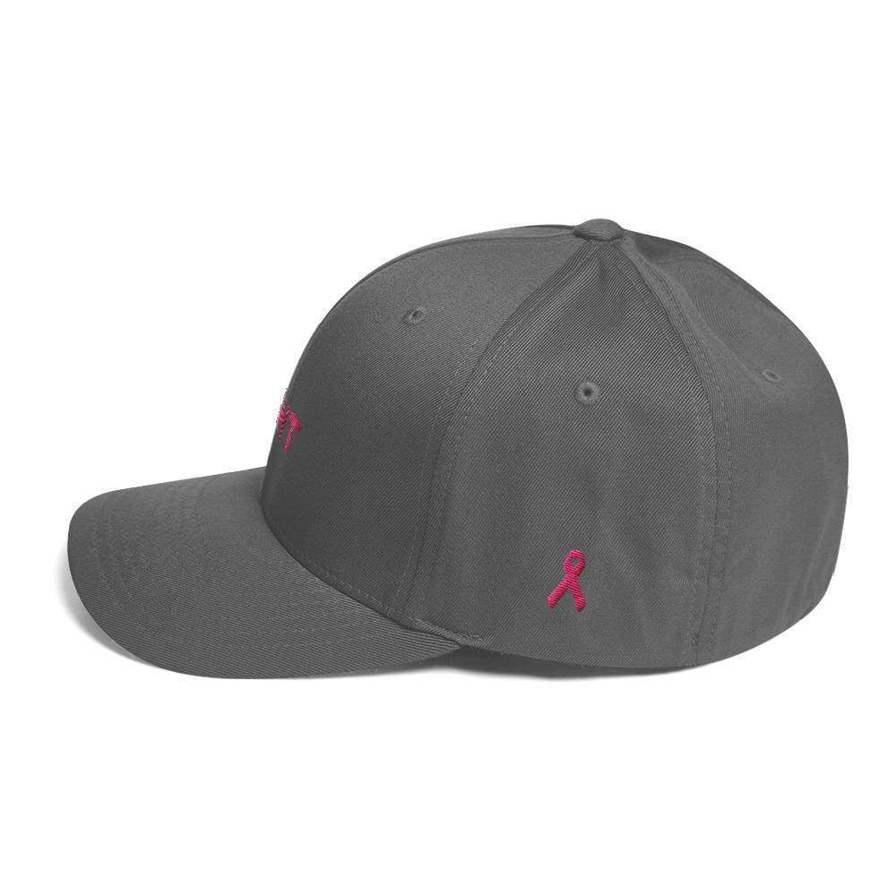 Fitted awareness hat in grey with small pink ribbon emblem on the side