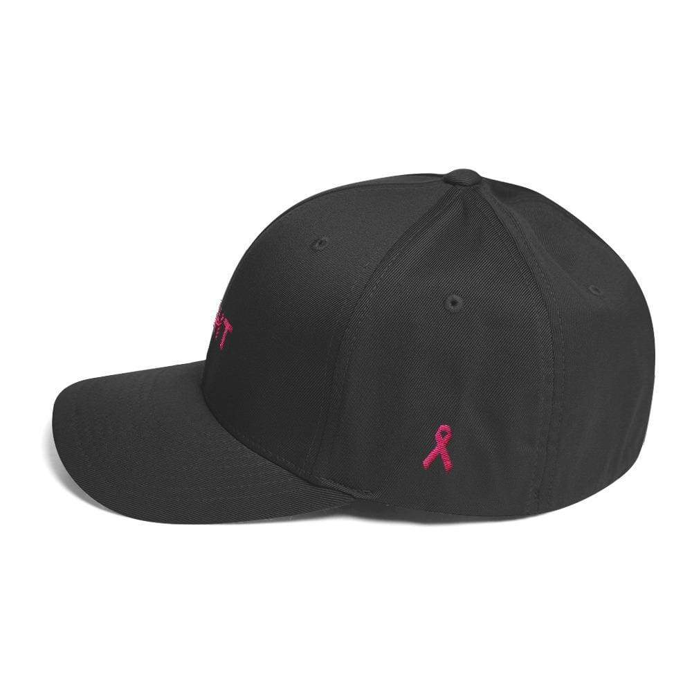 Fitted awareness hat in black with small pink ribbon emblem on the side