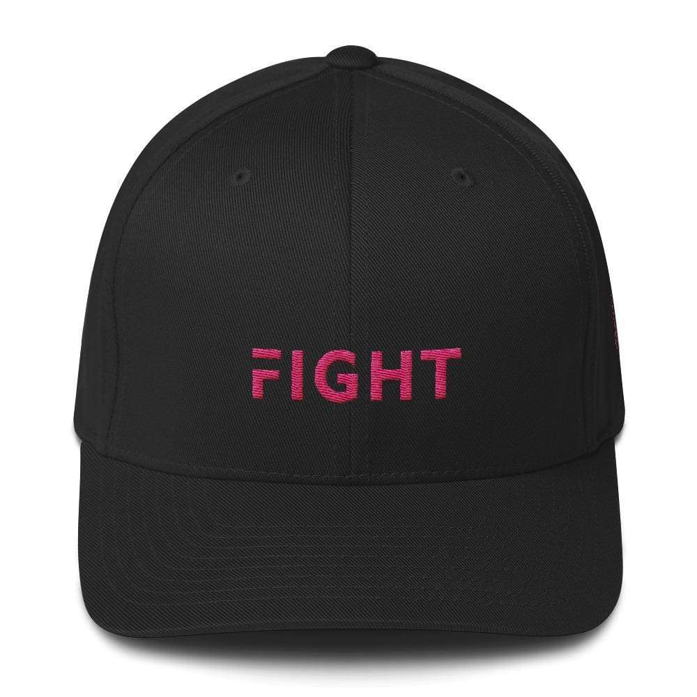 Fitted awareness hat in black with pink “FIGHT” text on the front