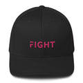 Fitted awareness hat in black with pink “FIGHT” text on the front