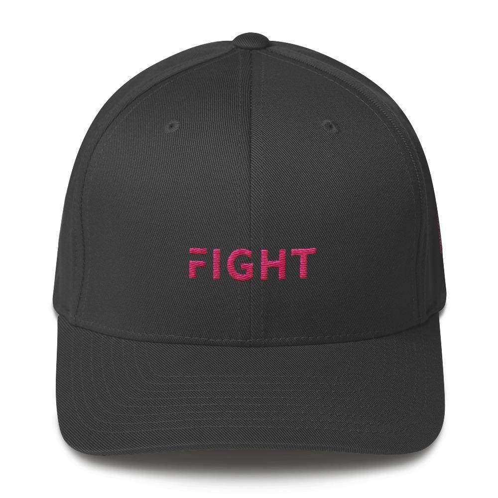 Fitted awareness hat in dark grey with pink “FIGHT” text on the front