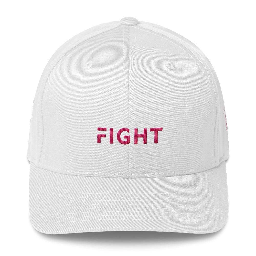 Fitted breast cancer awareness hat in white with pink 'FIGHT' lettering