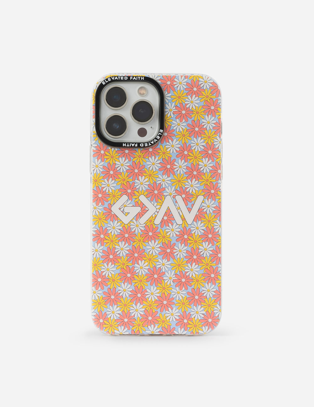 Floral phone case, pink with yellow/white daisy pattern and GM graphic