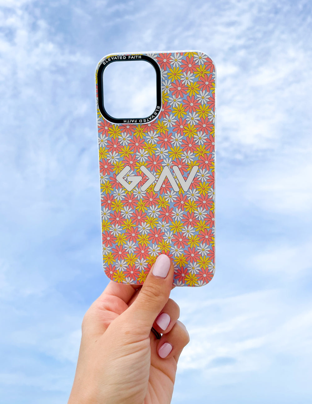Floral phone case, pink with yellow and white daisy pattern, GM graphic