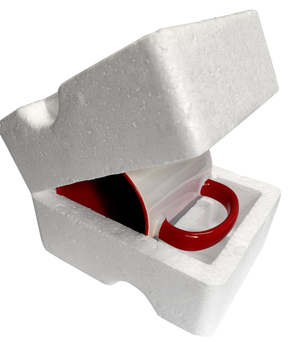 Foam packaging tray with mug handle area and interior recess, open protective insert