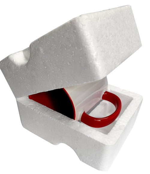 Foam packaging tray with mug handle area and interior recess, open protective insert