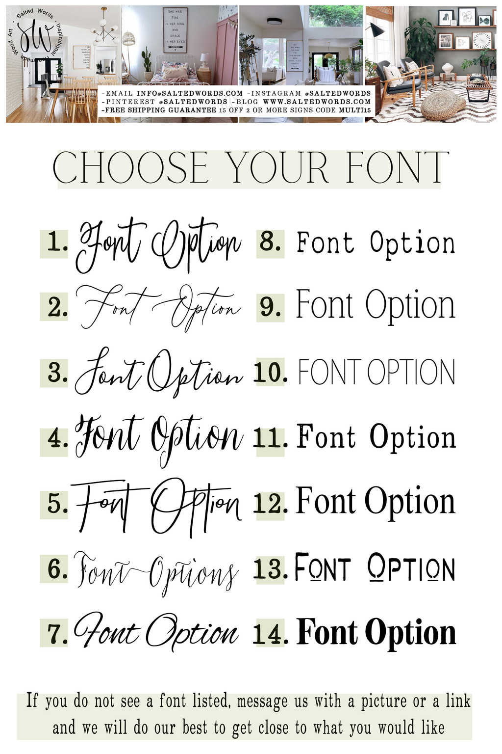 Font selection chart showing labeled font options 1 through 14