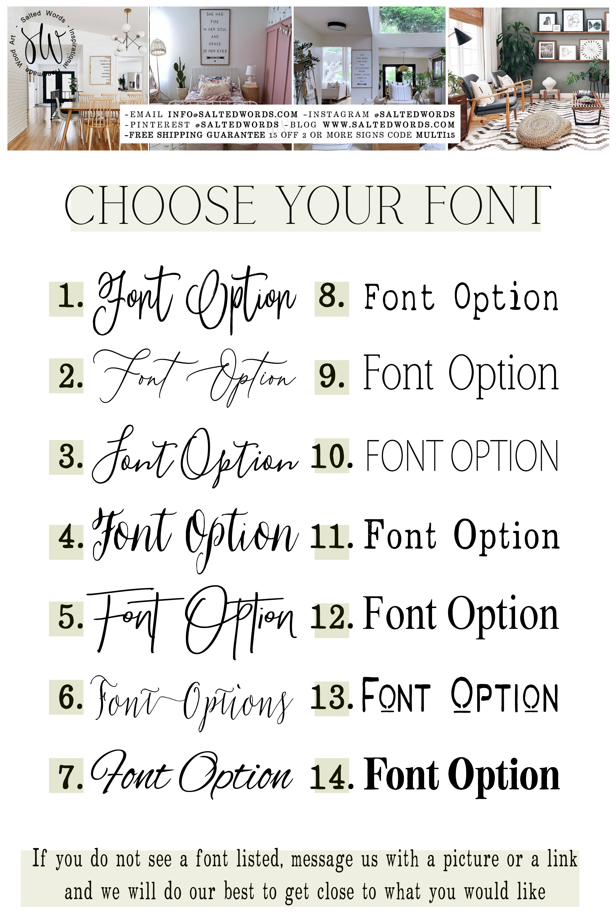 Font selection chart showing labeled font options 1 through 14