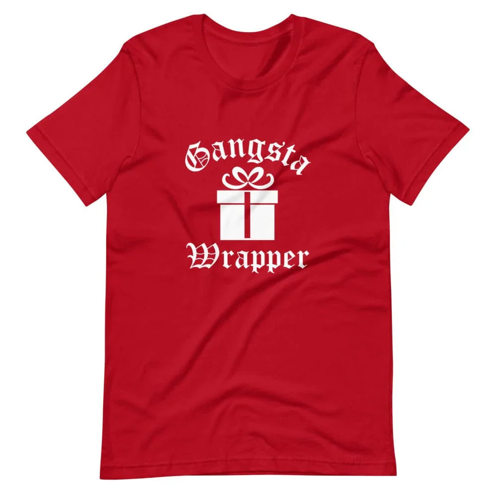 Red short-sleeve crewneck tee with centered white "Gangsta Wrapper" graphic