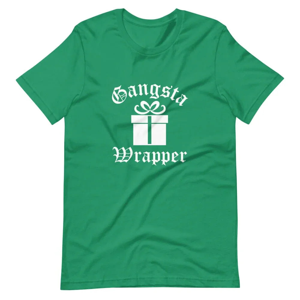 Kelly green short-sleeve crewneck tee with centered white "Gangsta Wrapper" graphic