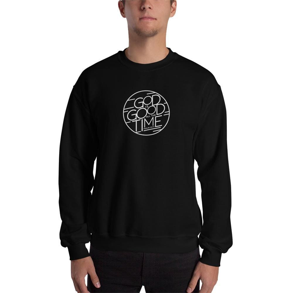 Black Christian crewneck sweatshirt with circular God is Good Time graphic on chest