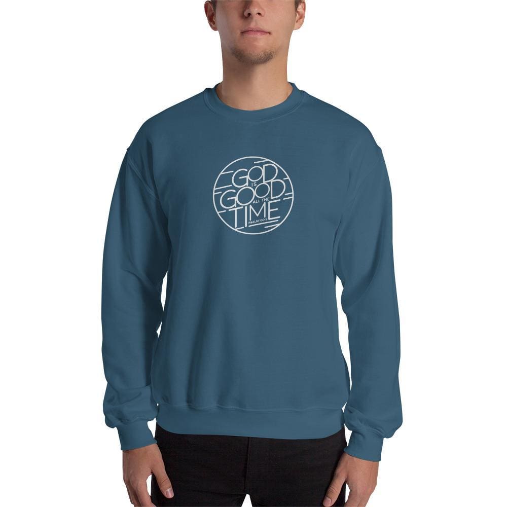 Blue Christian crewneck sweatshirt with circular God is Good Time graphic at chest