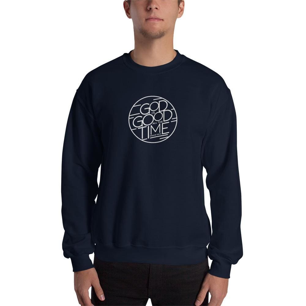 Navy Christian crewneck sweatshirt with circular God is Good Time graphic on chest