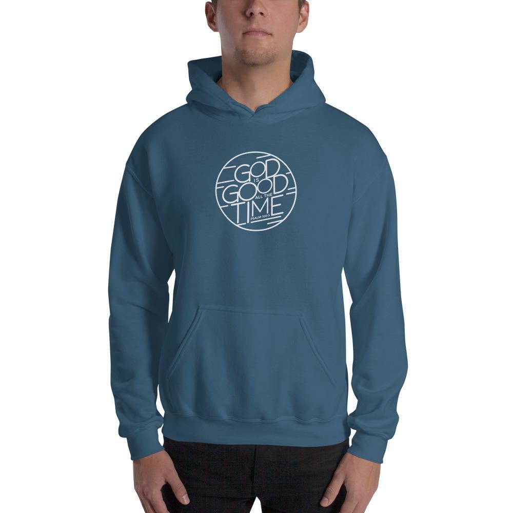 Blue pullover hoodie sweatshirt with front pocket and circular "Good Time" graphic