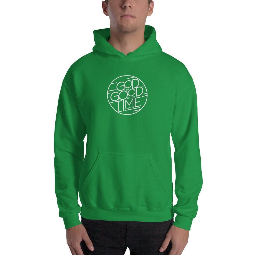 Green pullover hoodie sweatshirt with front pocket and circular "Good Time" graphic
