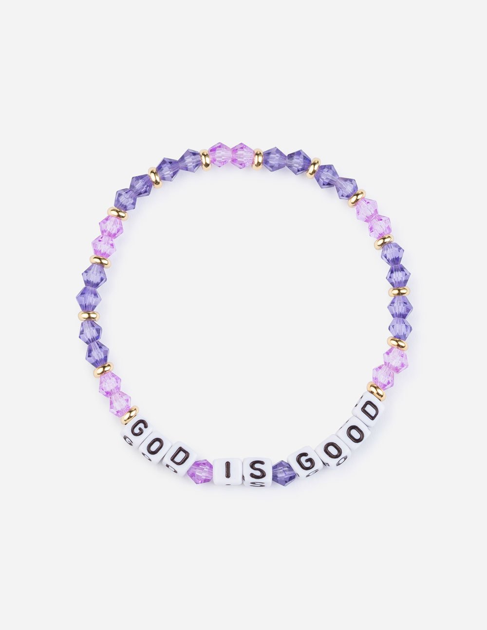 Purple beaded bracelet with stacked letter beads spelling "GOD IS GOOD"