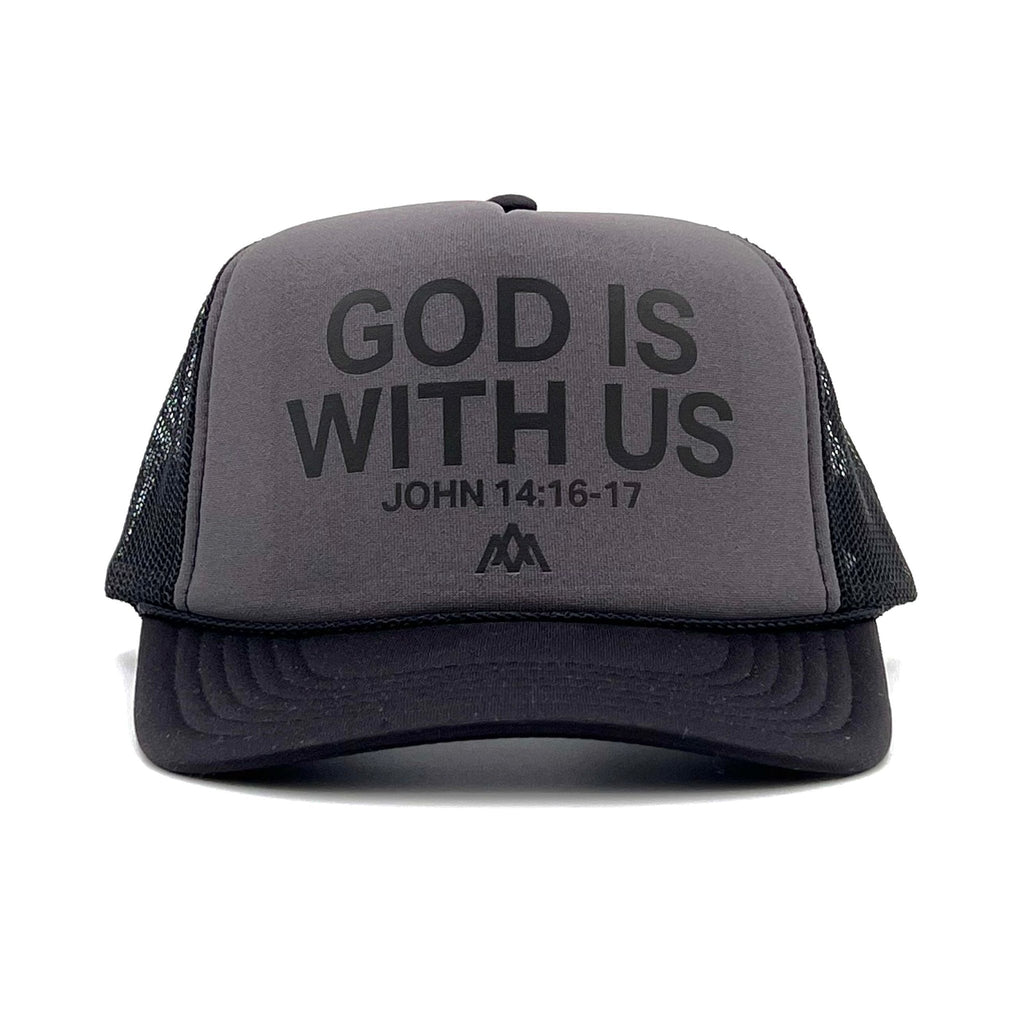 Charcoal trucker cap with black mesh back and front text “GOD IS WITH US”