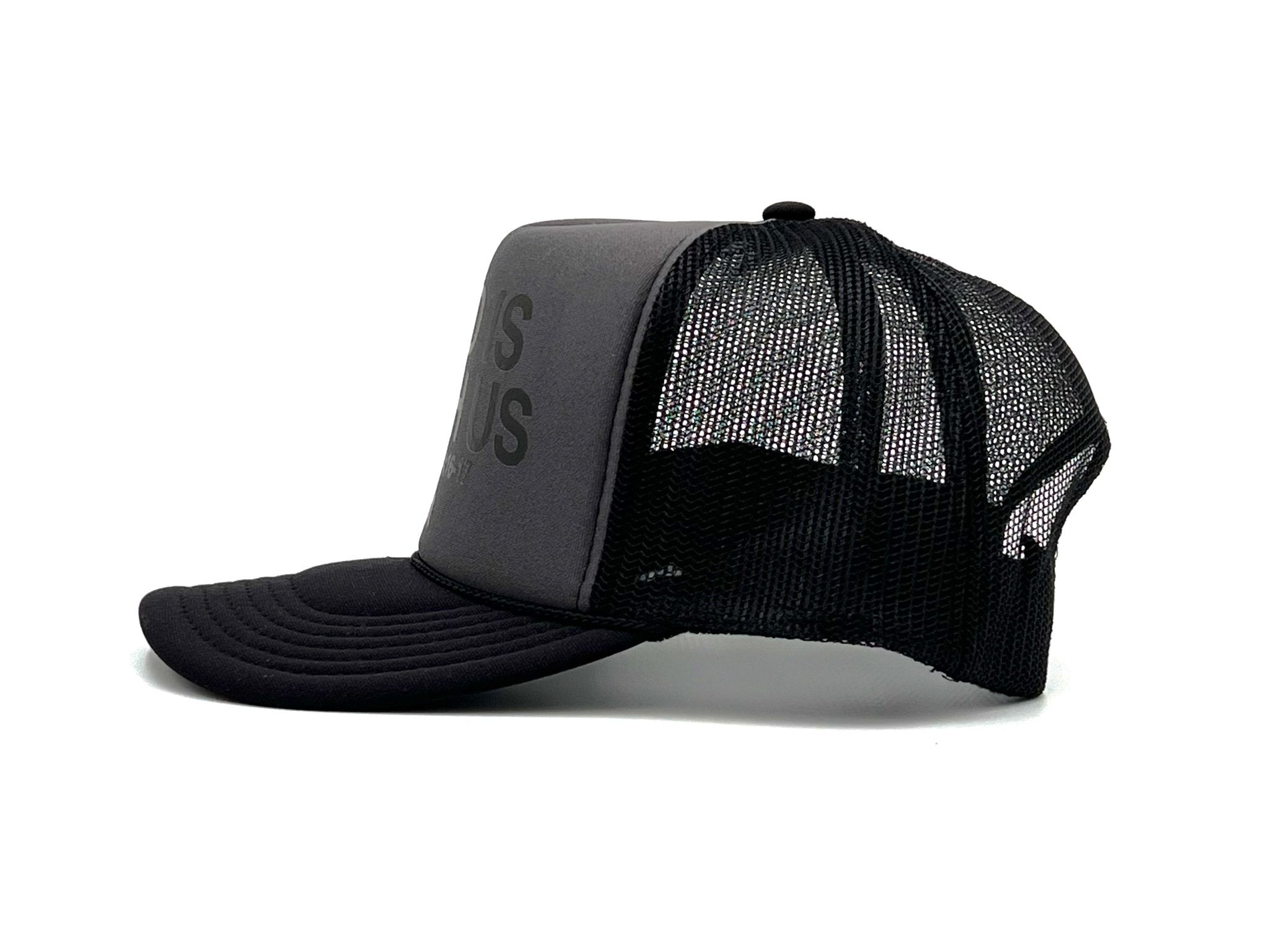 Charcoal foam trucker cap with black mesh sides and curved brim