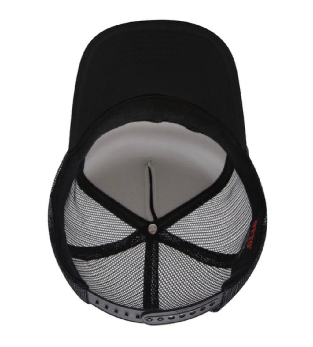 Black and charcoal trucker cap with gray mesh back panel and curved brim