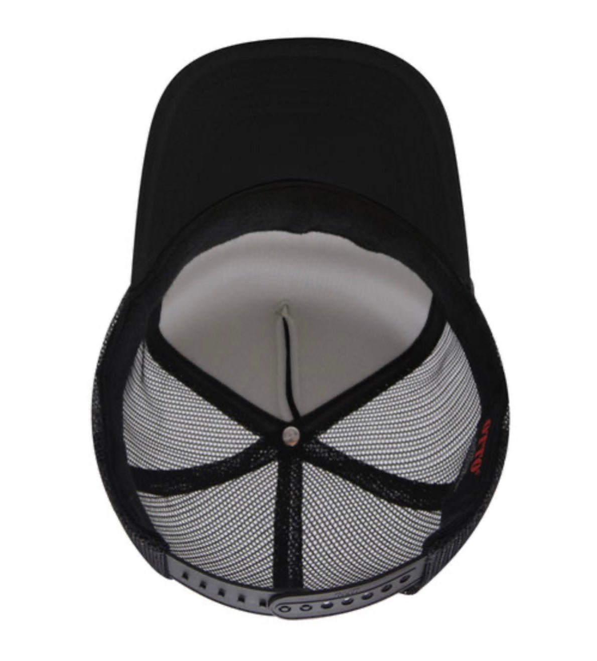 Black and charcoal trucker cap with gray mesh back panel and curved brim