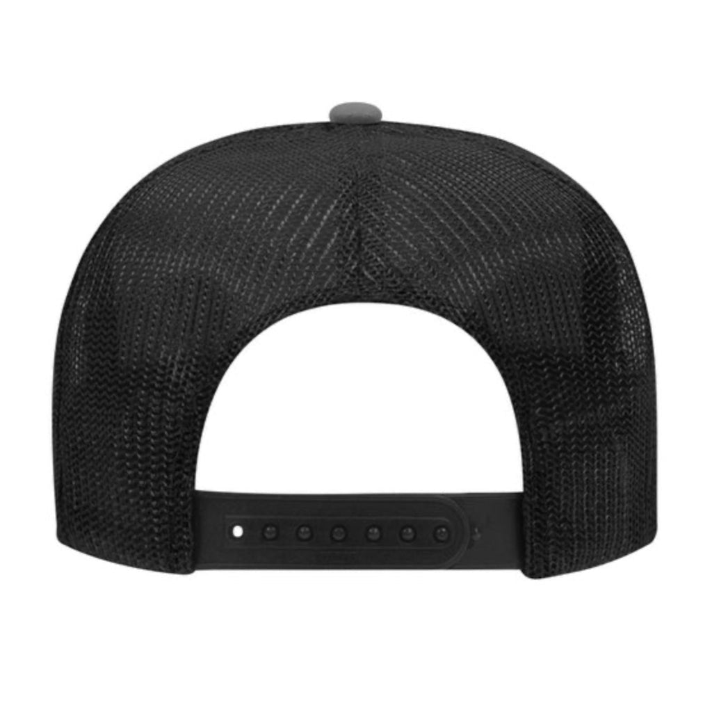 Charcoal foam trucker cap, mesh side panels, snapback strap at back