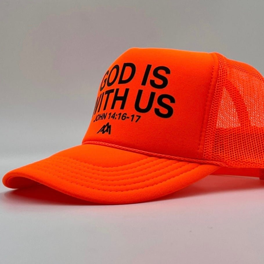 Neon orange foam trucker hat with side logo text 'GOD IS WITH US'
