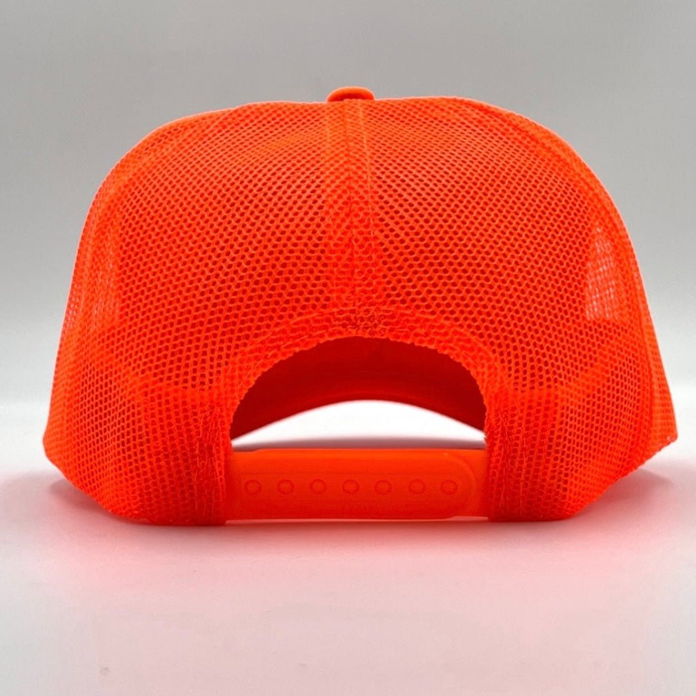 Neon orange foam trucker hat with open back mesh panel